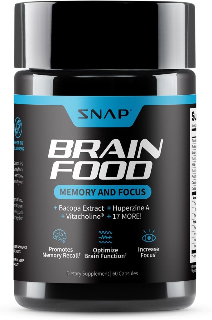 Suppléments Snap Brain Booster Nootropics Supplément pour mémoire, Focus & Clarity, Extrait de Bacopa, Ginkgo Biloba, 60 Capsules