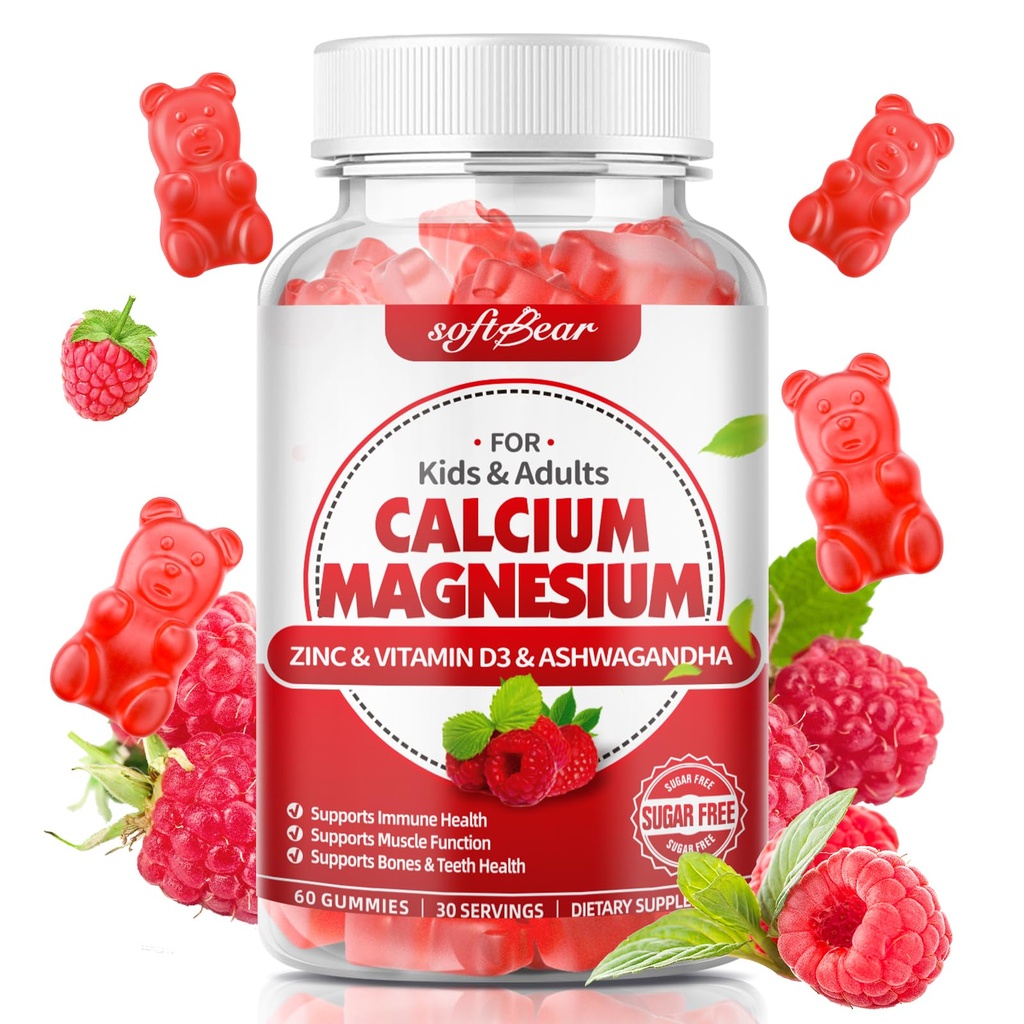 softbear Gommies de zinc de magnésium de calcium pour les femmes, supplément de magnésium de calcium avec vitamine D3 pour la force osseuse, végétalien/sans sucre, parfum de framboise 60 Comte