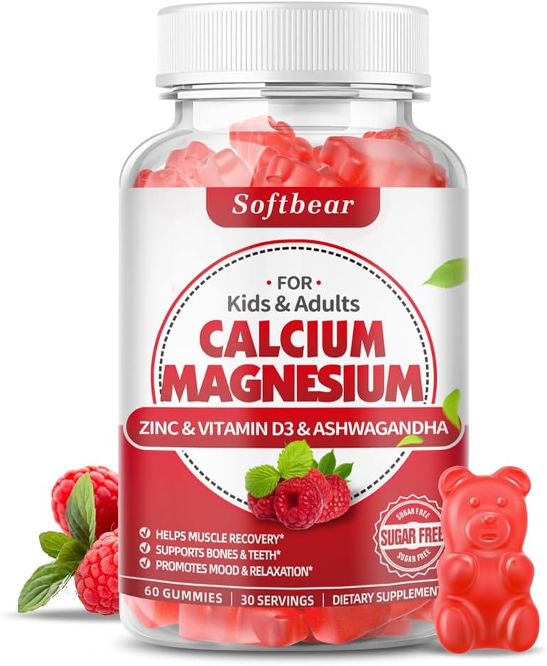 softbear Gommies de zinc de magnésium de calcium pour les femmes, supplément de magnésium de calcium avec vitamine D3 pour la force osseuse, végétalien/sans sucre, parfum de framboise 60 Comte