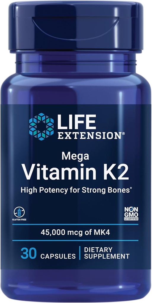 Prolongation de vie Mega vitamine K2 haute puissance pour les os forts, cliniquement étudié 45 mg K2 Posologie, favorise la densité osseuse saine, sans gluten, non-OGM, 30 capsules