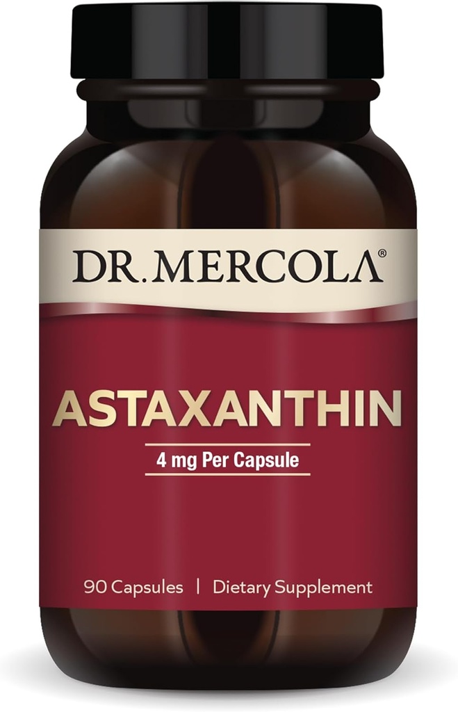 Dr Mercola Astaxanthine organique - 4 mg Astaxanthine - Support puissant antioxydant - Extrait de microalgues organiques - Non-OGM, sans gluten et sans soja - 90 capsules (90 portions)