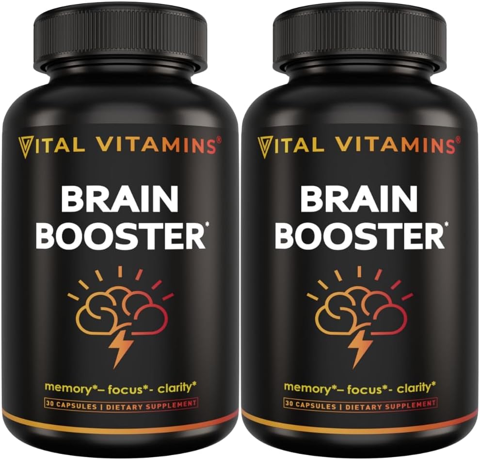 Vital Vitamins Brain Supplements for Memory and Focus (2-Pack)– Nootropic Brain Booster with Ginkgo Biloba, Rhodiola, B12 – Caffeine-Free Support for Adults & Seniors – 60-Day Supply
