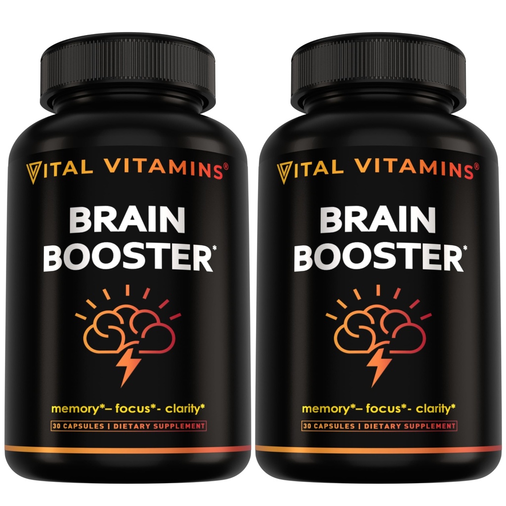 Vitamines vitales Suppléments Cerveau pour la mémoire et le focus (2-Pack)– Booster Cerveau Nootropique avec Ginkgo Biloba, Rhodiola, B12 – Soutien sans caféine pour les adultes et les aînés – Approvisionnement de 60 jours