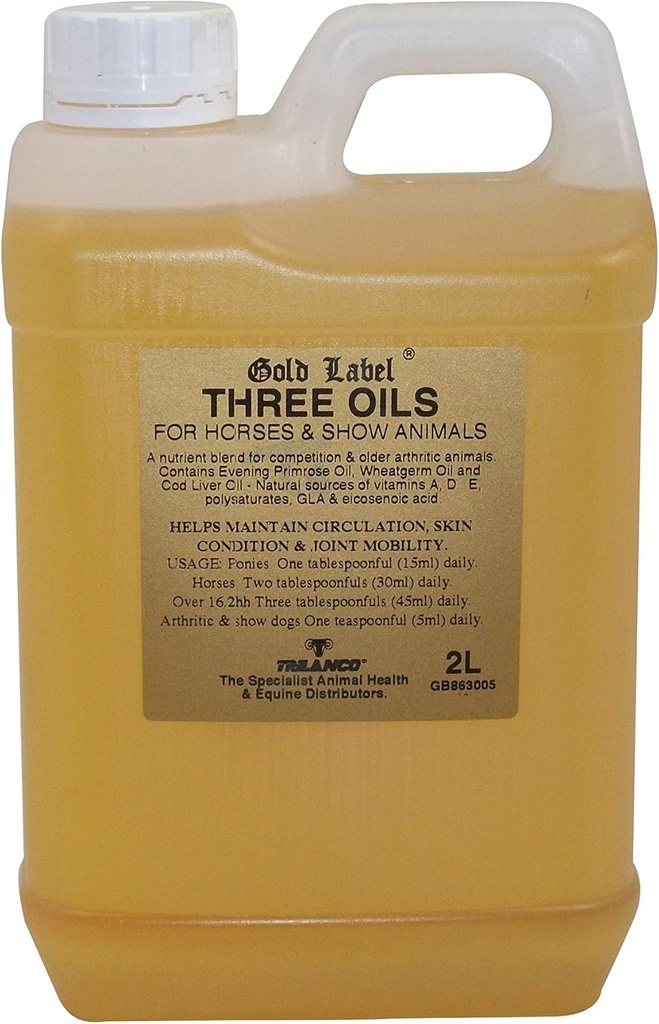 Trois huiles, supplément de cheval, étiquette d'or, huile de foie de morue, huile de Primrose du soir, huile de germe de blé, 2 litres
