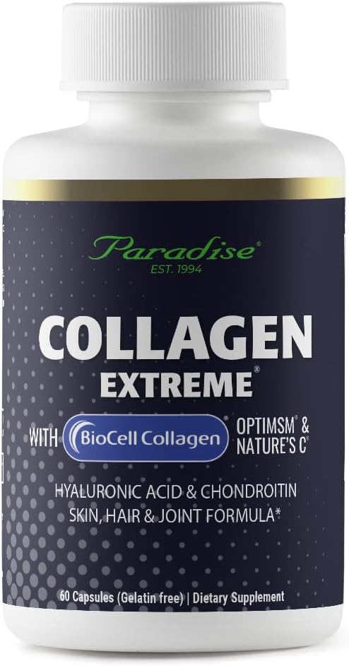 Collagène d'herbes paradisiaques extrême avec collagène biocellulaire, acide hyaluronique et C de la nature, pour cheveux, peau et articulations sains, 60 capsules