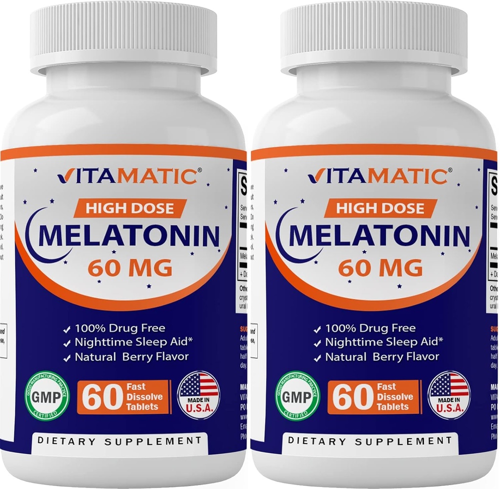 Mélatonine Vitamatique 60 mg Comprimés à dissolution rapide - 60 comprimés végétaliens naturels à saveur de Berry - Formage non-habitant - Non-OGM, sans gluten (2 bouteilles)