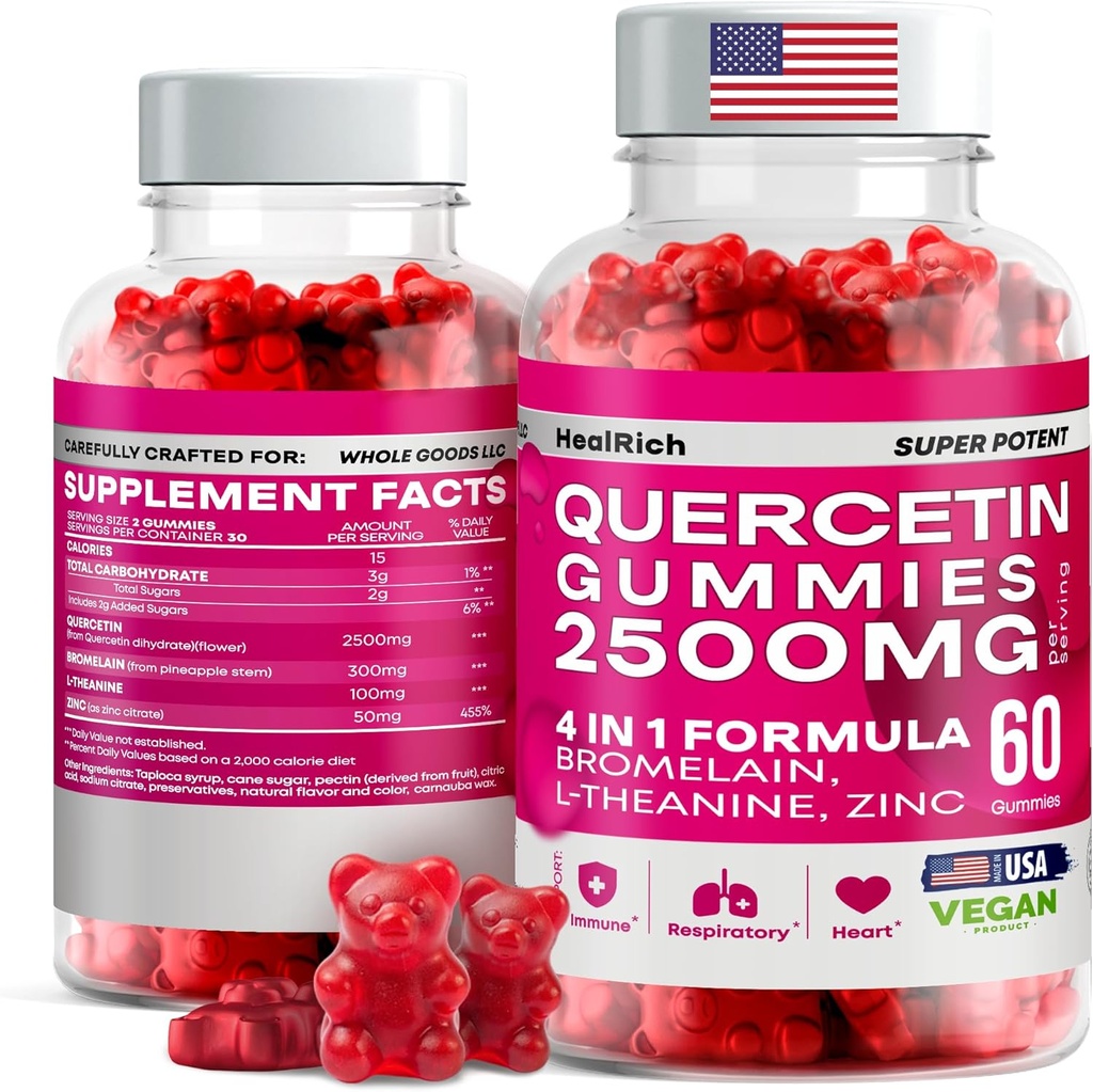Gummies Quercetin - 2500MG avec Bromelain, L-Theanine - Immune Support Gummies Allergie Relief & Santé pulmonaire pour les enfants et les adultes