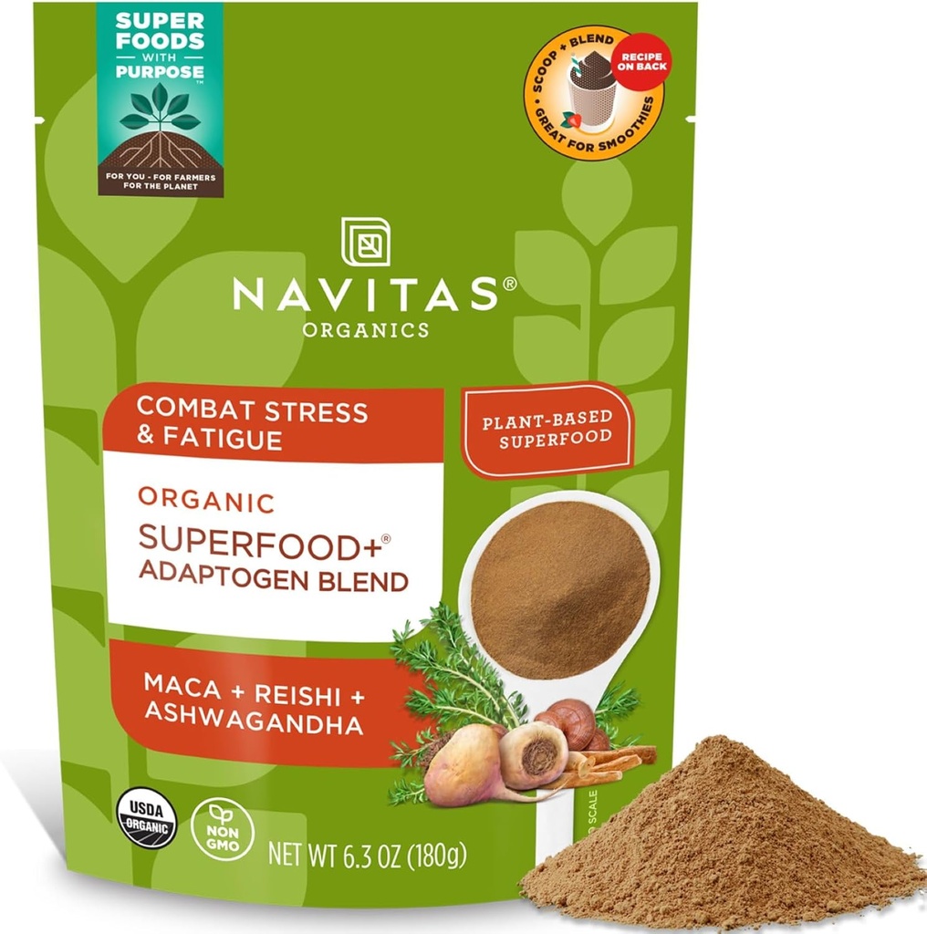 Navitas Organics Superfood+ Adaptogen Blend for Stress Support (Maca + Reishi + Ashwagandha), 6.3oz Sac, 30 portions — Organic, Non-OGM, Vegan, Sans gluten, Keto & Paleo.