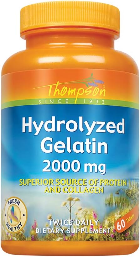 Thompson Hydrolyzed Gélatine 2000mg - Capsules de gélatine de boeuf, collagène, protéines et calcium d'origine bovine pour les femmes et les hommes, absorption accrue - 60 comprimés