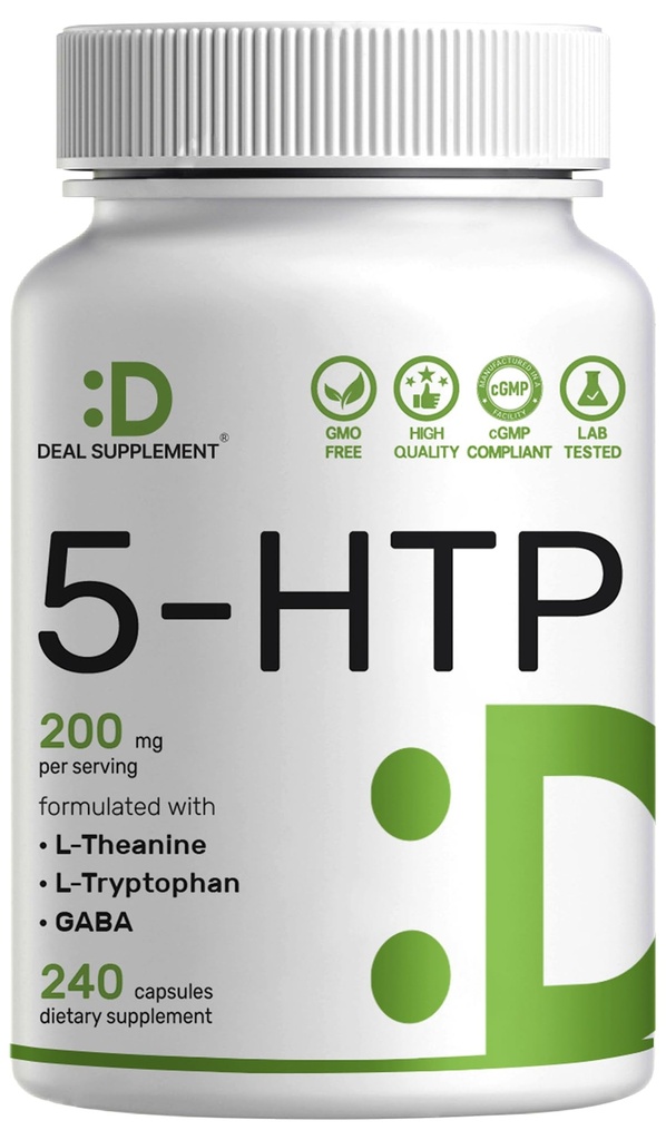 Offre Supplément 5-HTP 200mg par portion, 240 Capsules, 98% Extrait de graine de Griffonia dérivé d'Afrique, 4 en 1 Formule Plus Active L Theanine, L Tryptophane, et GABA