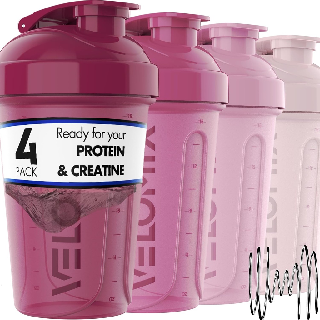 VELOMIX -4 PACK- 20 OZ Bouteilles de shaker protéinique pour les mélanges de protéines, tasses de shaker pour les shakes protéinique, petit pack de shaker, tasse de shaker, shakers pour les shakes protéinique (Berry Blend)