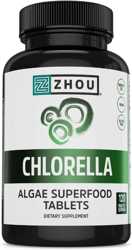 Zhou Chlorella Tablets - Chlorella Supplement, Chlorophyll Vitamins, Pure Green Algae Superfood, Nutrient Rich Super Food Pills, Broken Cell Wall - 120 Vegan Tablets