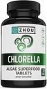 Zhou Chlorella Comprimés - Supplément Chlorella, Chlorophylle Vitamines, Superfood d'algues vertes pures, pilules riches en nutriments, mur cellulaire brisé - 120 comprimés végétaliens