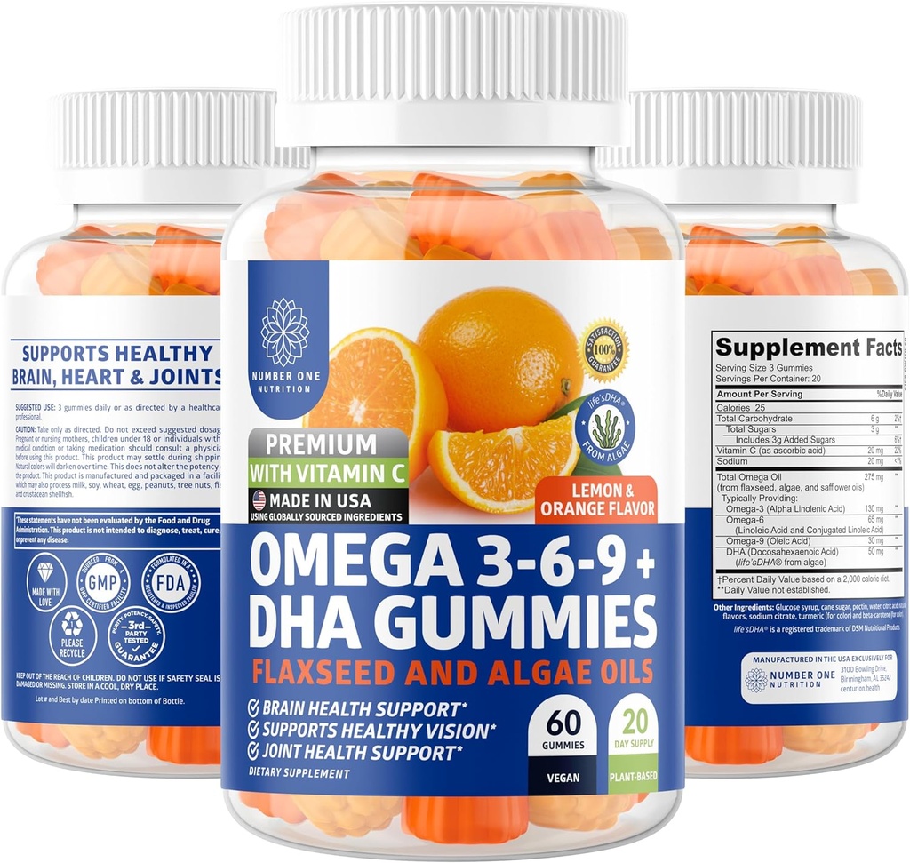N1N Premium Omega 3 6 9 + Gommies DHA [Vegan, base végétale] Cerveau naturel, immunité et soutien sanitaire conjoint avec la vitamine C, 60 Gommies