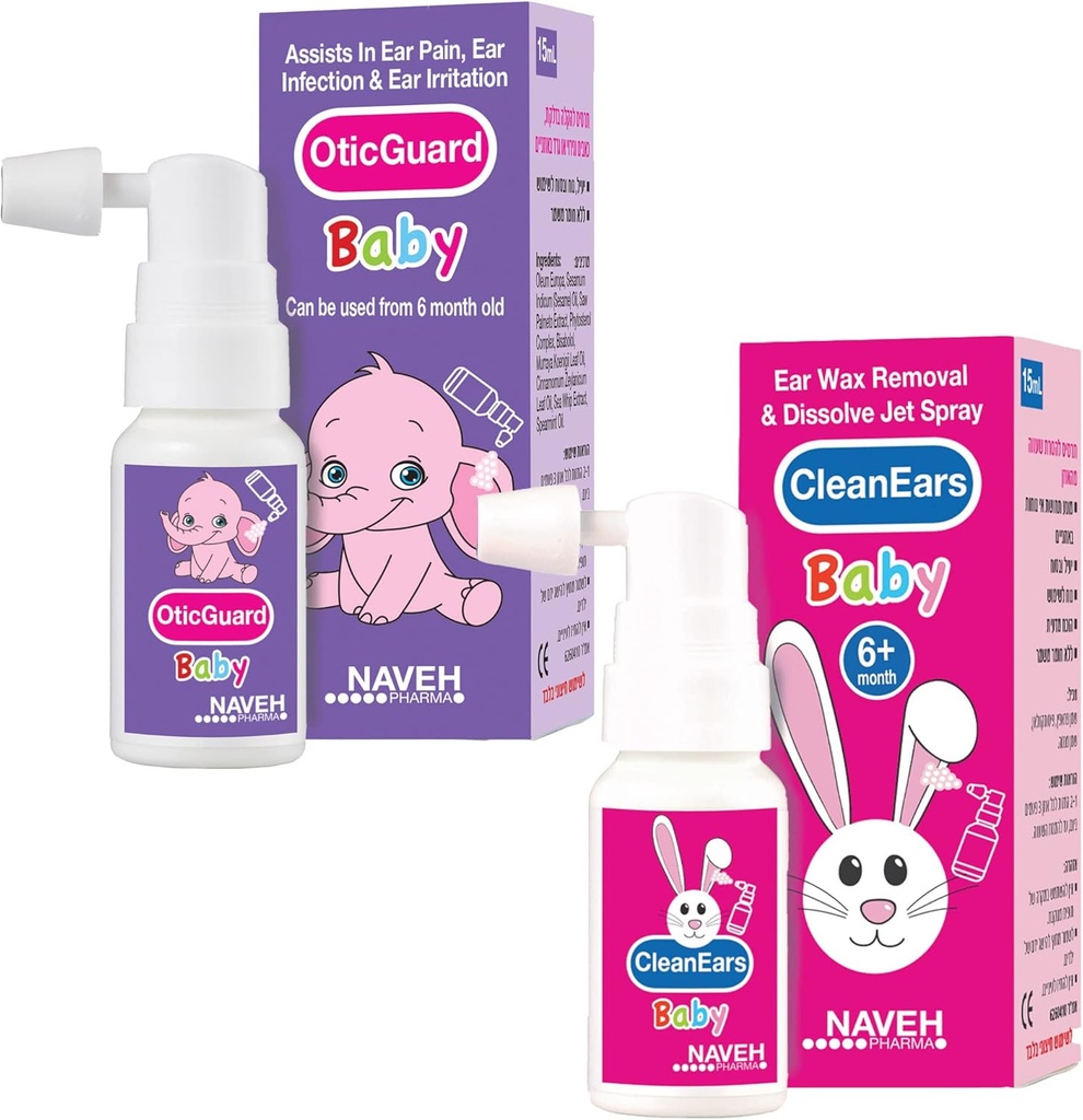1 unité Naveh Pharma CleanEars Vaporisateur d'élimination de la cire d'oreille pour bébé 1 Fl Oz + 1 unité de NAVEH PHARMA Otic Guard Vaporisateur d'infection à l'oreille pour bébé 0,5 Fl Oz