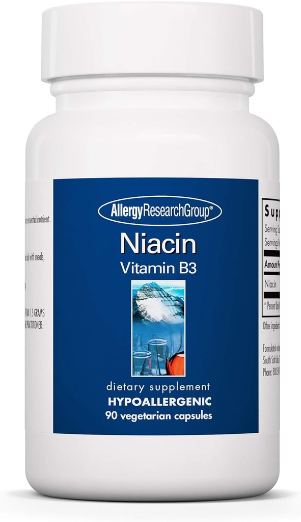 Groupe de recherche sur l'allergie Supplément de niacine - Vitamine B3 pour les hommes et les femmes, Niacine avec grippe, acide nicotinique, NAD, 250 mg Capsules végétariennes - 90 Compte