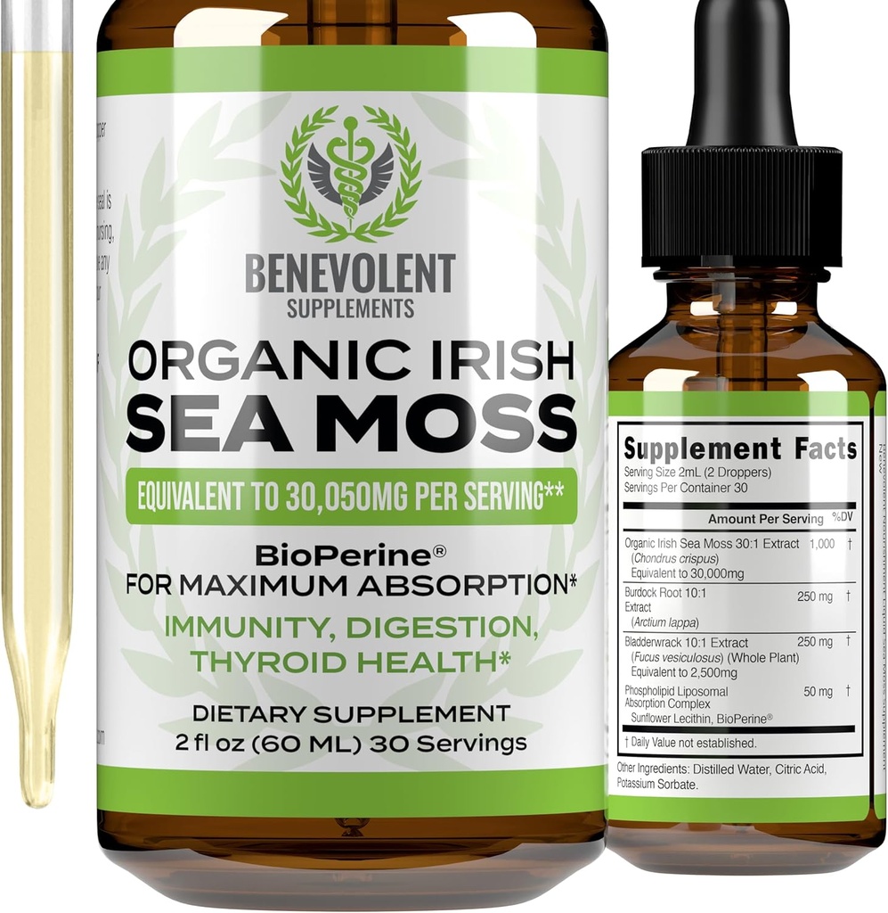 Bénévolent Nourriture Bio Irish Sea Moss Drops 2oz - Root, Bladderwrack et BioPerine [Ultra Strength] 30 000mg Sea Moss Liquid Drops for Imune Support, Thyroïde, Gut, Skin & Joint Health