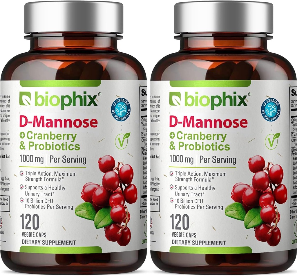 Biophix D-Mannose Capsules de 1000mg avec canneberge et probiotiques - Suppléments de mannose D pour les femmes - Pilules D-Mannose pour le traitement urinaire et le soutien de la santé Bladder - Bien-être digestif - 120 Vcaps 2 Pack