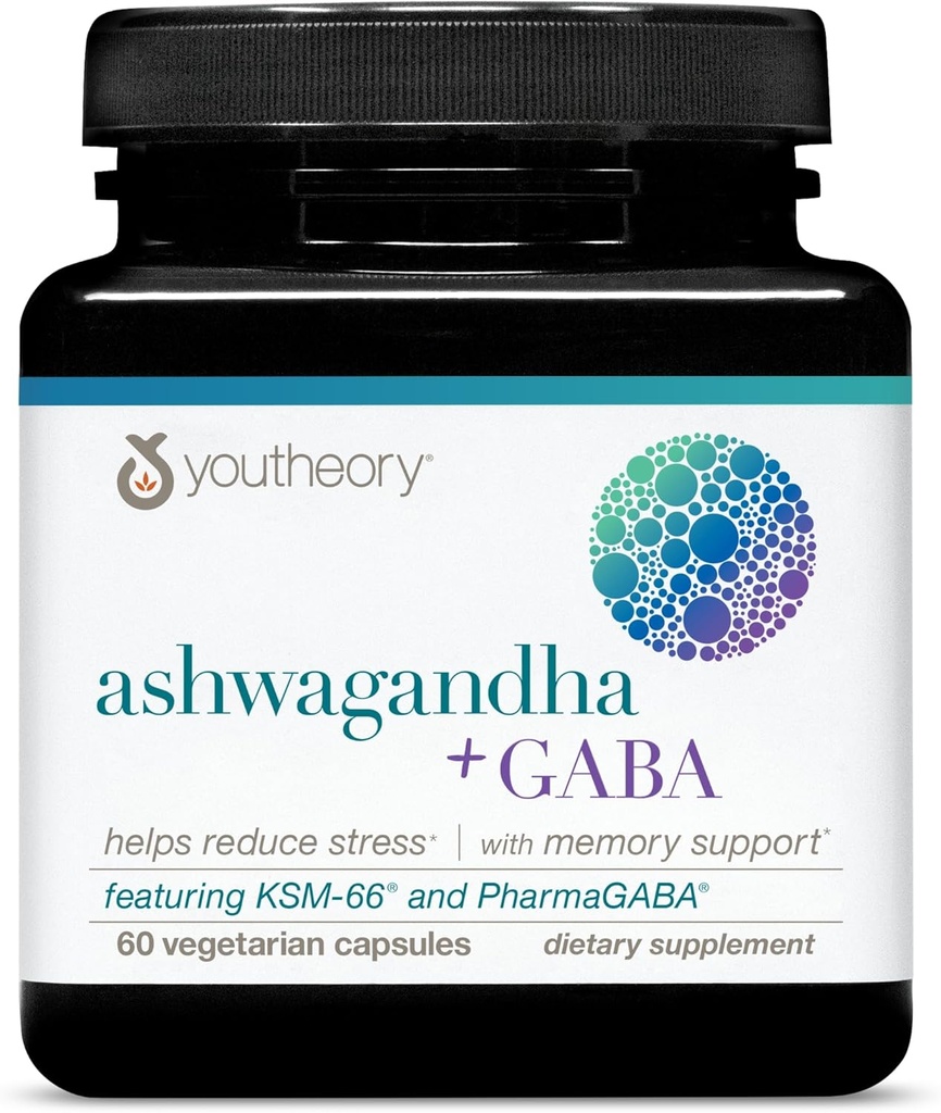 Youtheory Ashwagandha + GABA - Uses Organic KSM-66-1,000 mg Ashwagandha & 100 mg GABA - Cortisol, Energy, Stress & Memory Support Supplement - 60 Vegetarian Capsules (30-Day Supply)