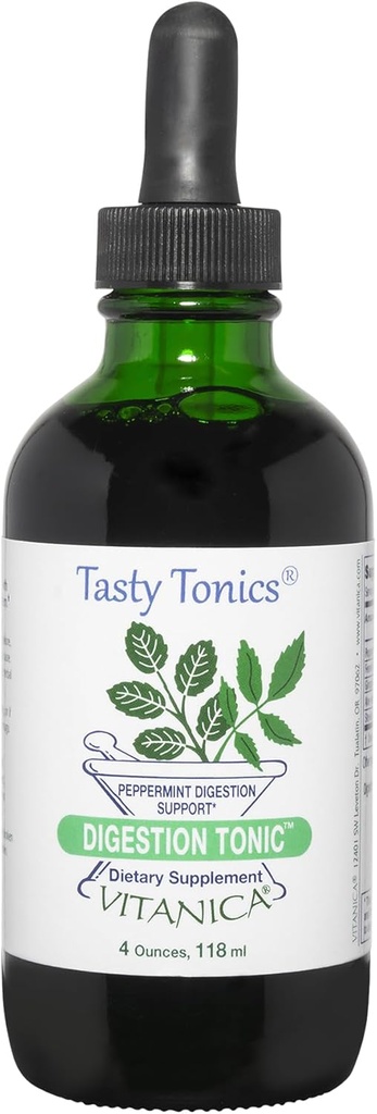 Vitanica Digestion Tonic, Gas and Bloating Relief Supplement, Organique, Améliorez la fonction digestive et la santé des femmes et des hommes, Poppermint Oil Fennel Ginger & Aloe Vera Vegan, 4 Oz