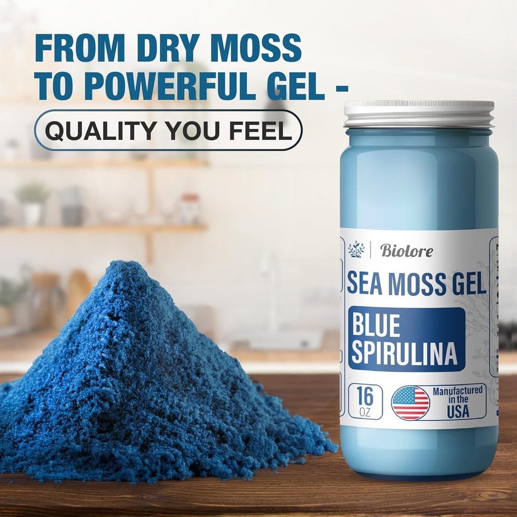 Biolore Sea Moss Gel - Blue Spirulina 16oz, Seamoss Irish Wildcrafted avec des vitamines essentielles et des minéraux traces, Vegan Superfood Fabriqué aux États-Unis