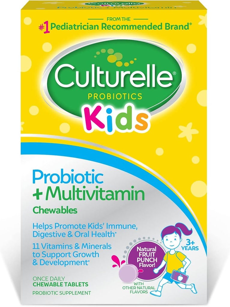 Culturelle Kids Probiotique + Complete Multivitamin Chewable pour les enfants, 3+ ans, 30 ans Compte, santé digestive, santé buccodentaire et soutien immunitaire - Avec 11 vitamines et minéraux, y compris la vitamine C, D3 et zinc