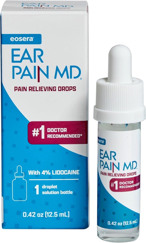 Douleur d'oreille Eosera MD® - 4% gouttes d'oreille Lidocaïne pour un soulagement maximal de la douleur à la force - Traitement de la douleur à action rapide et en numération pour adultes et enfants (12,5 mL)