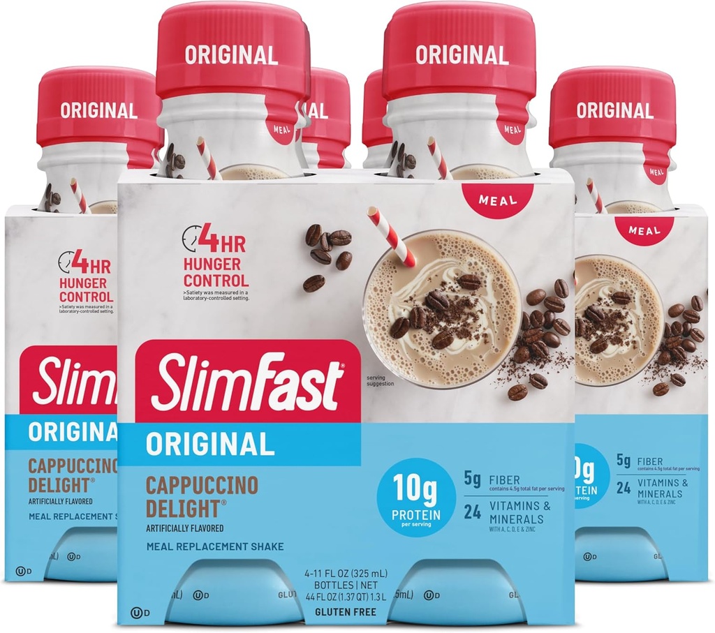 SlimFast Meal Replacement Shake, Original Cappuccino Delight, 10g of Ready to Drink Protein for Weight Loss, 11 Fl. Oz Bottle, 4 Count (Pack of 3) (Packaging May Vary)