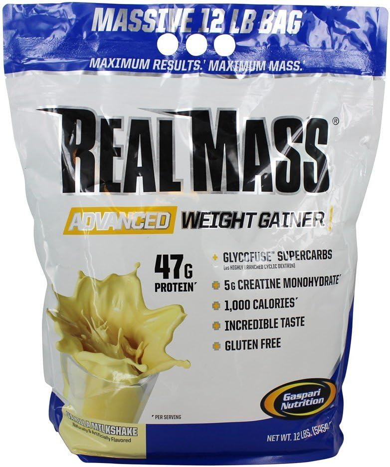Gaspari Nutrition Masse réelle : gain de poids avancé, mélange de protéines et de glucides complexes, 50g de protéines, 16g d'AAE, sans gluten, 12 lbs (Vanilla Milkshake)