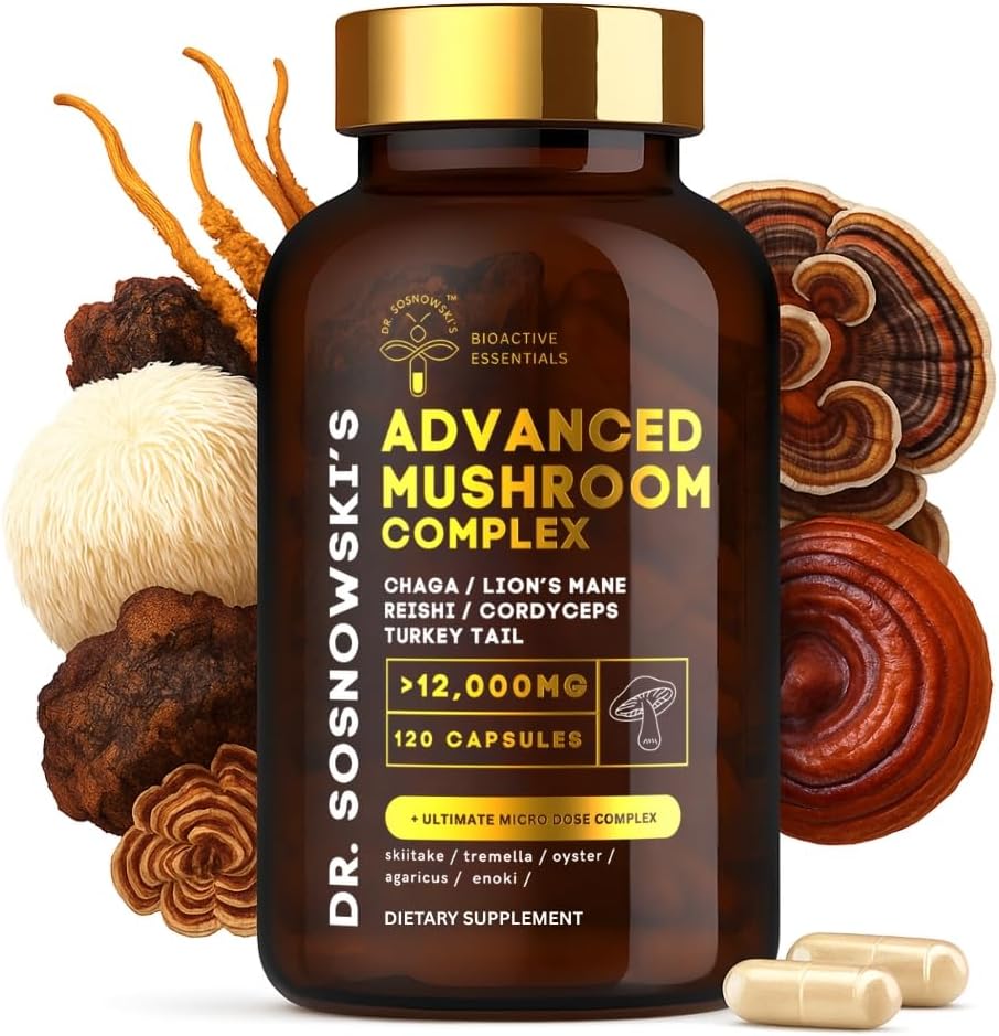 BioActive complexe de champignons X10 du Dr Sosnowski. Extraits potentiels de la Mane du Lion, Cordyceps, Chaga, Turkey Tail, Reishi, Shiitake, Tremelia, Oyster, Agaricus et Enoki. 120 Capsules