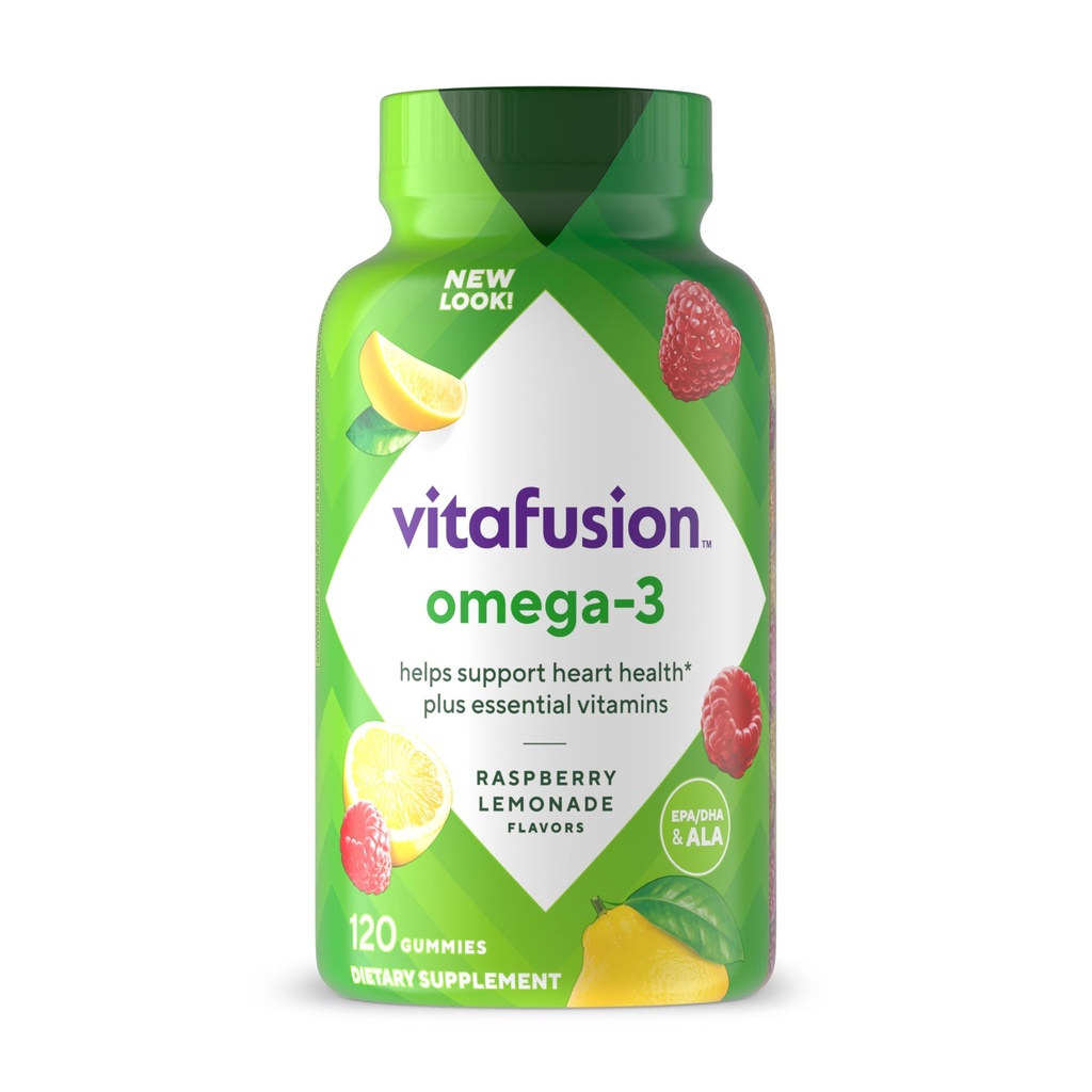 Vitafusion Omega-3 Gummy Vitamins, Berry Lemonade Flavored, Heart Health Vitamins(1) With Omega 3 EPA/DHA and Vitamins A, C, D and E, America’s Number 1 Vitamin Brand, 60 Day Supply, 120 Count