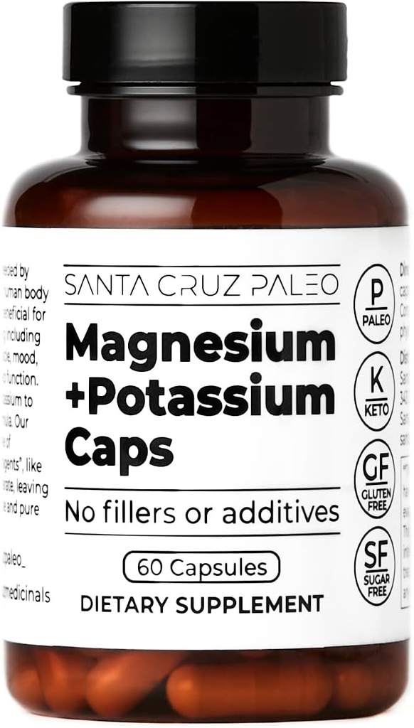 Santa Cruz Paleo Capsules de potassium de magnésium, de glycinate de magnésium et de citrate de potassium, sans gluten, sans kéto, sans sucre, sans paléo, pour la santé globale, cerveau, muscle, os et soutien énergétique, 60 capsules
