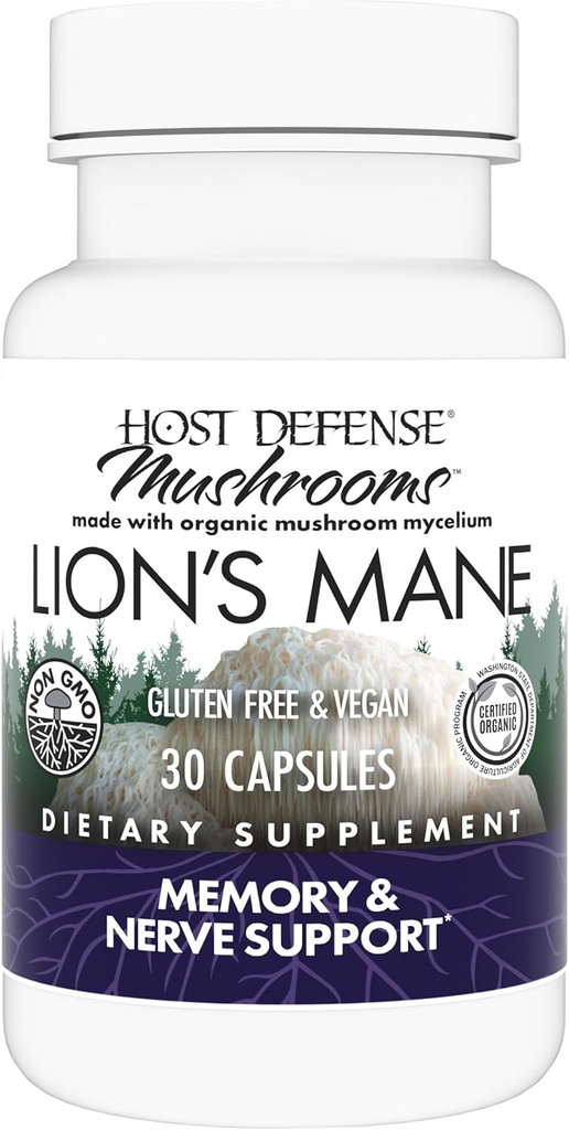 Host Defense Champignons Lion's Mane - Supplément Capsules pour le soutien de la santé du cerveau - Support de champignons pour la fonction focus et mémoire - Supplément système immunitaire et nerveux - 30 Capsules (15 portions)*