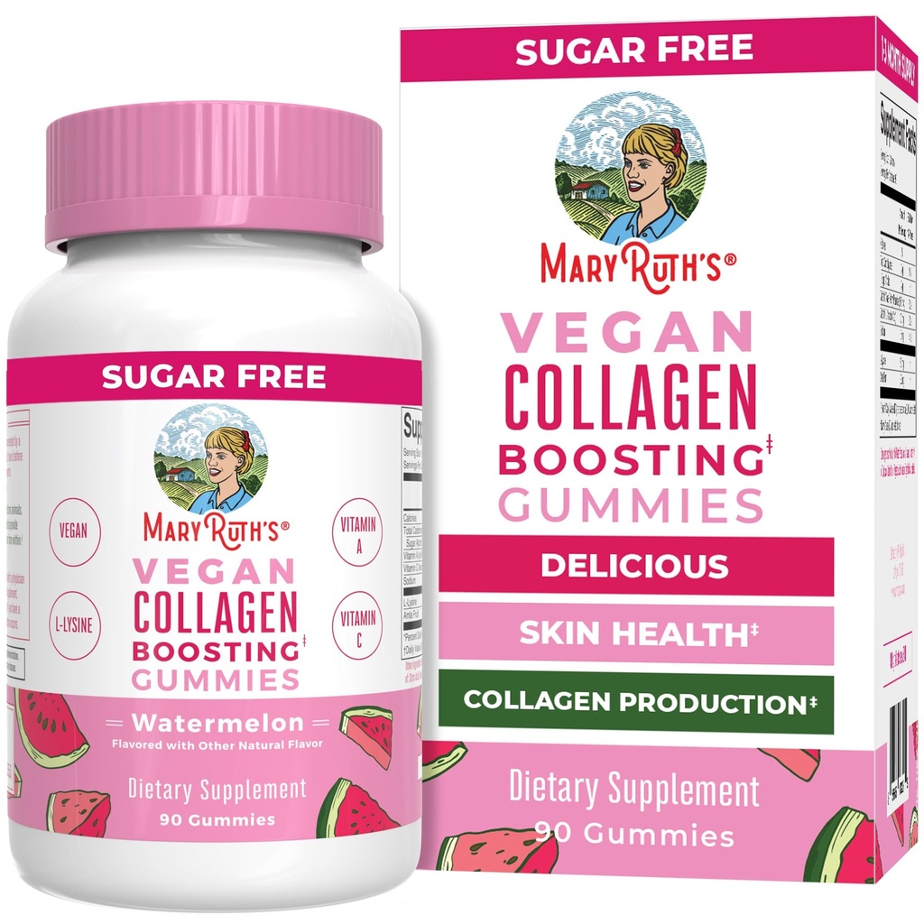 MaryRuth Organics Collagen Vegan pour les femmes et les hommes, Collagen Boosting Gummies, Soins de la peau, Lysine, Vitamine C, Vitamine A, Amla, Supplément pour les cheveux et la peau, Vegan, Non-OGM, Sans gluten, 90 portions