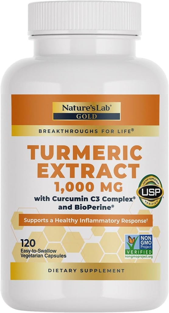 Nature's Lab Curcumin curcumin C3 Complex 1000mg - Extrait curcuma 1000mg & BioPerine 5mg Standardisé à 95%, favorise la santé cardiovasculaire, immunitaire, articulaire, de la peau - 120 Capsules (60 jours d'approvisionnement)