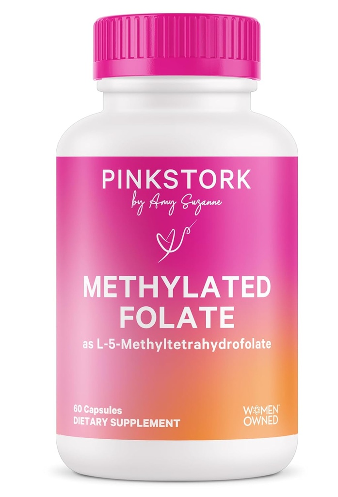 Folate de Pink Stork: Folate de méthyle - acide MTHFR, forme naturelle de l'acide folique pour la grossesse, formulé pour maman + bébé, femmes-robes, 60 Capsules (Packaging May Vary)