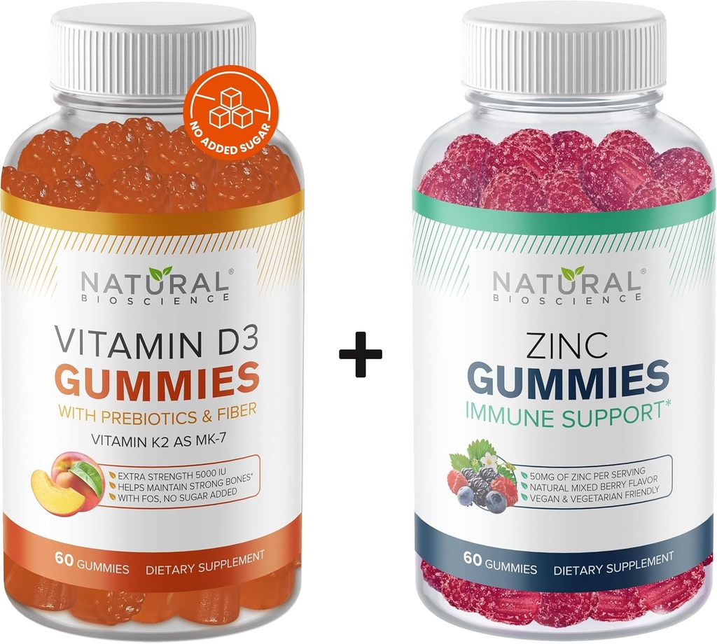 Natural BioScience Sugar Free Vitamin D3 K2 Gummies 5000 IU & Zinc Gummies 50 mg, Extra Strength, Immune Support, Bone Health, Heart Health, Skin Support, 60 Gummy Vitamins