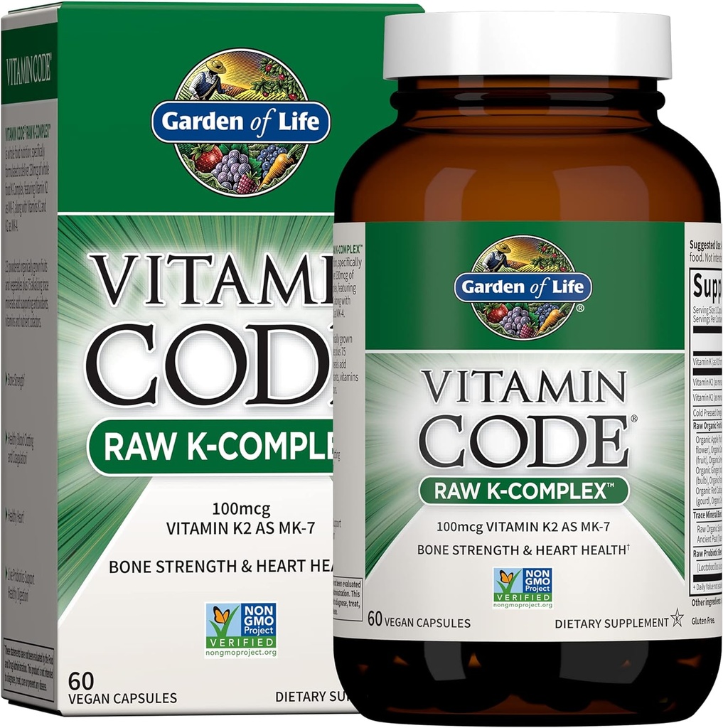 Garden of Life Vitamin K2 and K1, Vitamin Code Vegan K Complex Vitamin for Bone Strength and Heart Health, Omega Rich Flax Seed Oil, Trace Minerals, Probiotics, 60 Day Supply