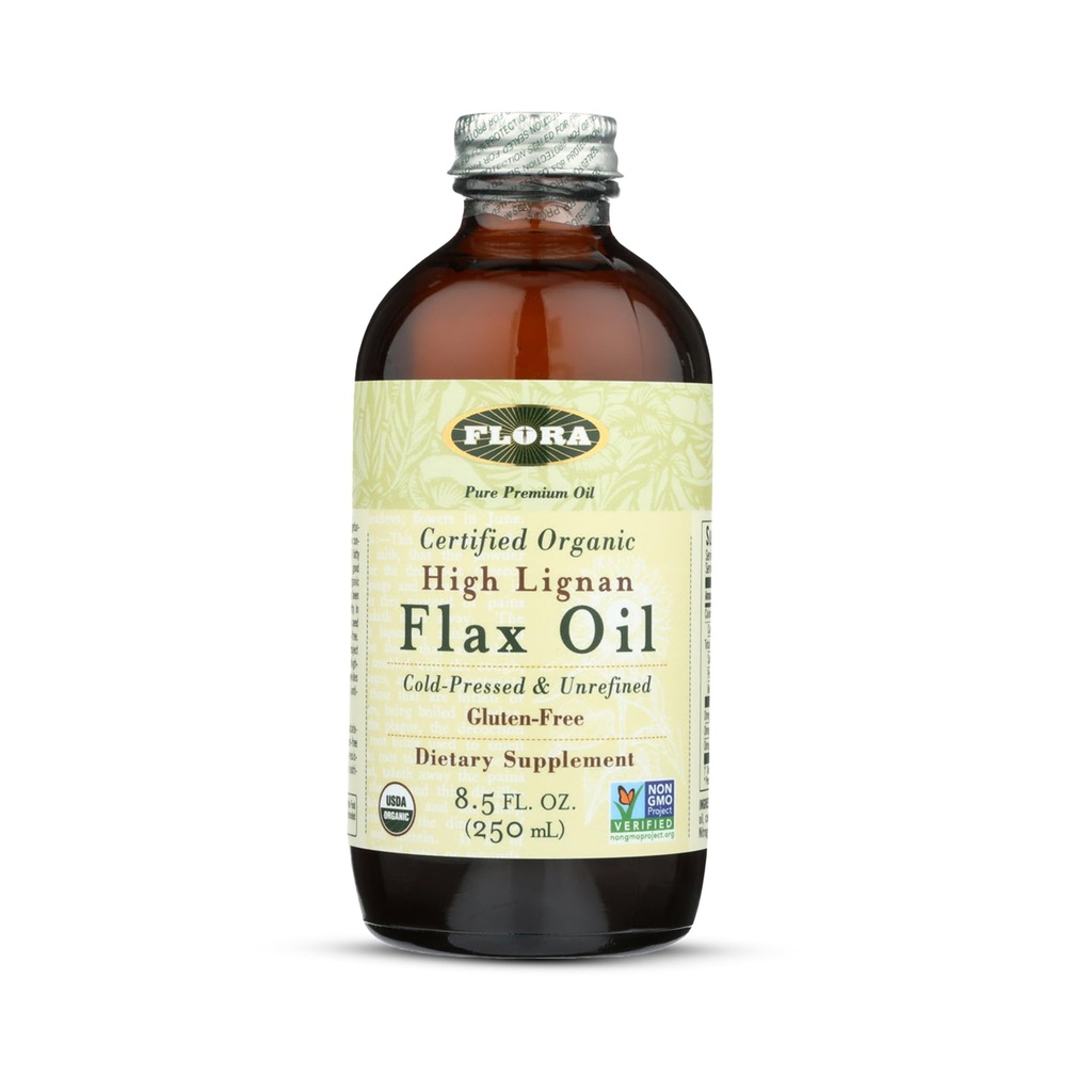 Flora Health Certified Organic High Lignan Flax Seed Oil, pressé à froid, non raffiné et sans gluten avec des acides gras essentiels, huile de lin non modifiée, 17 fl. oz. Bouteille en verre