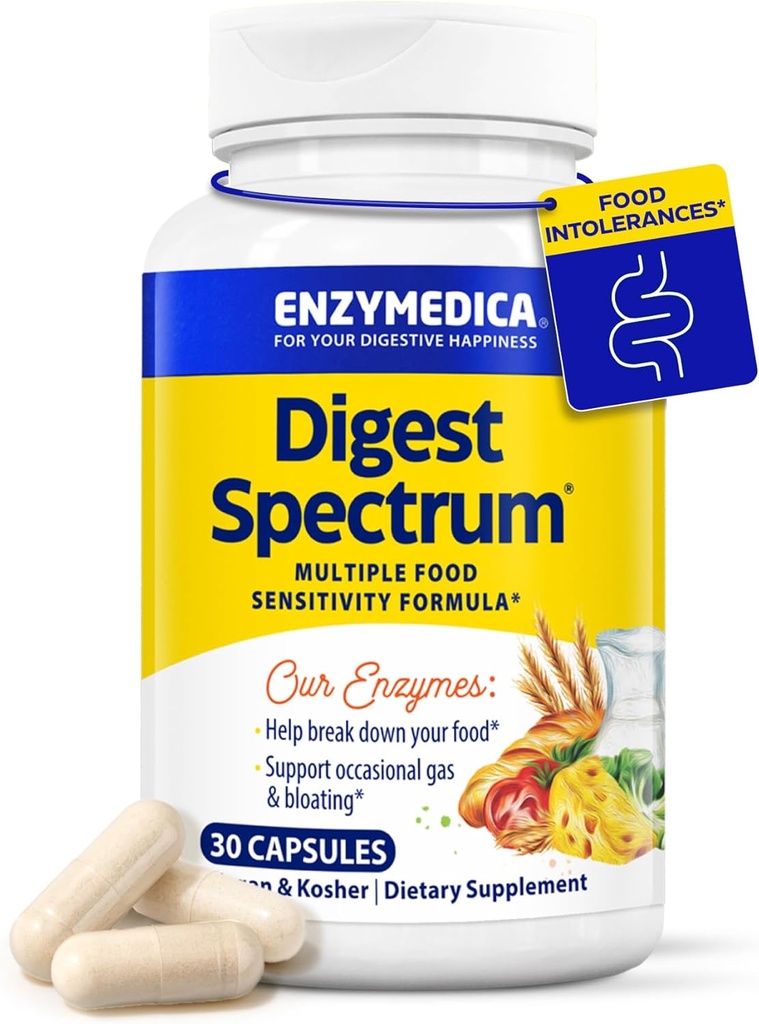 Enzymedica Digest Spectrum, enzymes digestives avancées pour les femmes et les hommes, soutient la digestion et les intolérances alimentaires multiples, formule à action rapide pour le gaz et le dégel, 30 capsules