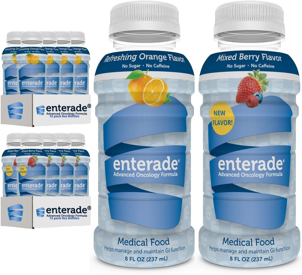 Enterade AO 24 Packs Mélange de baies et orange, spécialement formulé pour réduire les effets secondaires du traitement GI, 8 oz Mélange de baies (12 pack) + 8 oz Orange (12 pack).