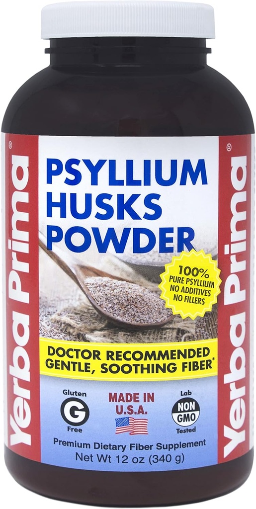 Yerba Prima Psyllium Husks Poudre 12 oz - Supplément de fibre naturelle - Colon Cleanser - Gut Health - Vegan, non-OGM, sans gluten (Nouvelle étiquette - Emballage mai Varier)