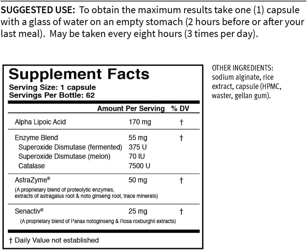 USAEnzymes YOUTHXYM 62 Capsules végétariennes à libération différée, supplément enzymatique anti-oxydant. 170mg d'acide alpha lipoïque (ALA) + 50mg d'AstraZyme pour améliorer la digestion protéique.
