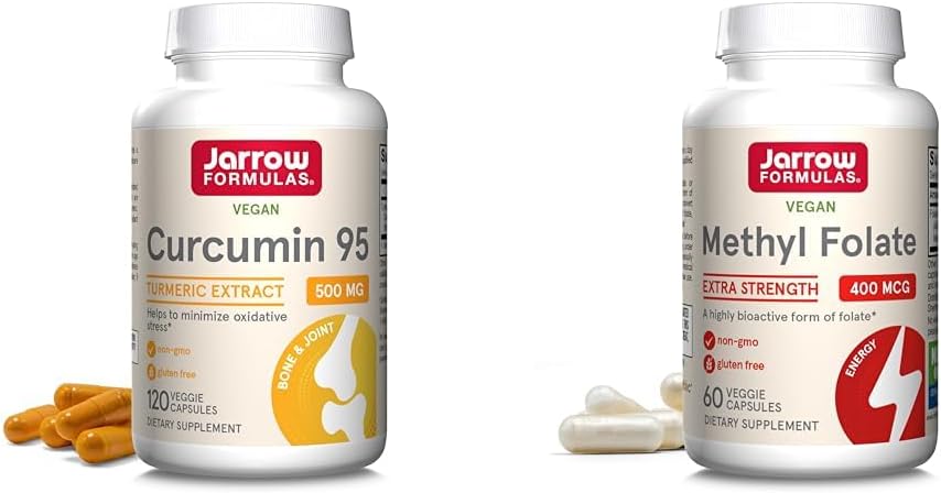 Jarrow Formules Curcumin 95 500mg et Methyl Folate 400mcg Antioxydant et soutien de la santé cardiovasculaire Supplément alimentaire, 120 et 60 Capsules de Veggie
