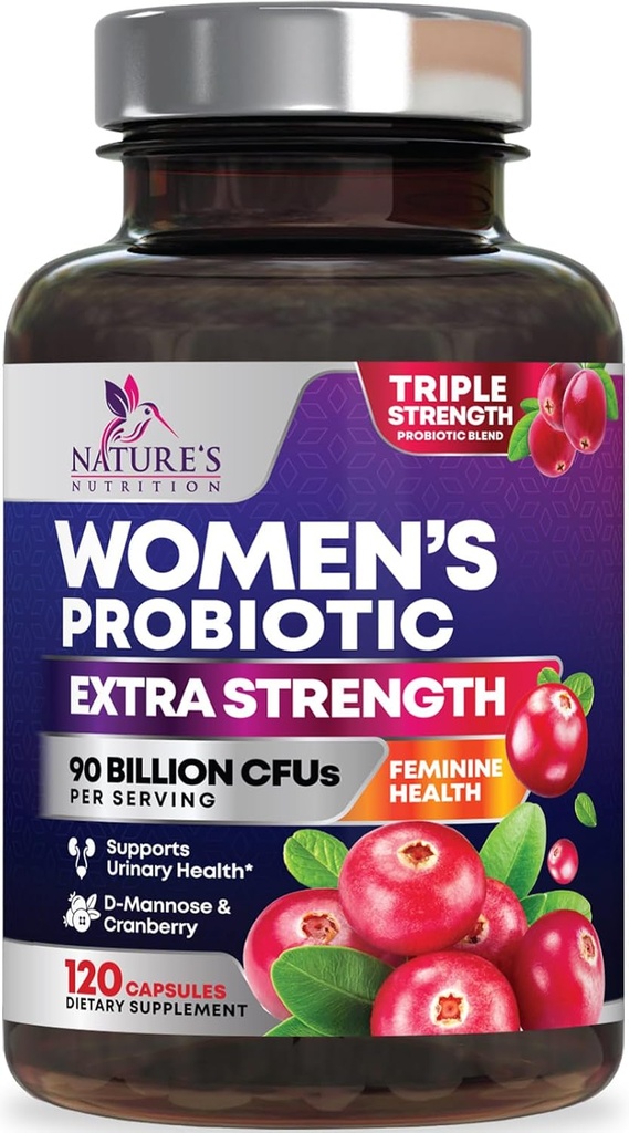 Probiotiques pour les femmes Soutien de la santé digestive - 90 milliards UFC Probiotique pour les femmes, 16 souches, canneberge, probiotique vaginal avec prébiotiques, PH, immunitaire, urinaire et soutien de la santé féminine, 120 capsules