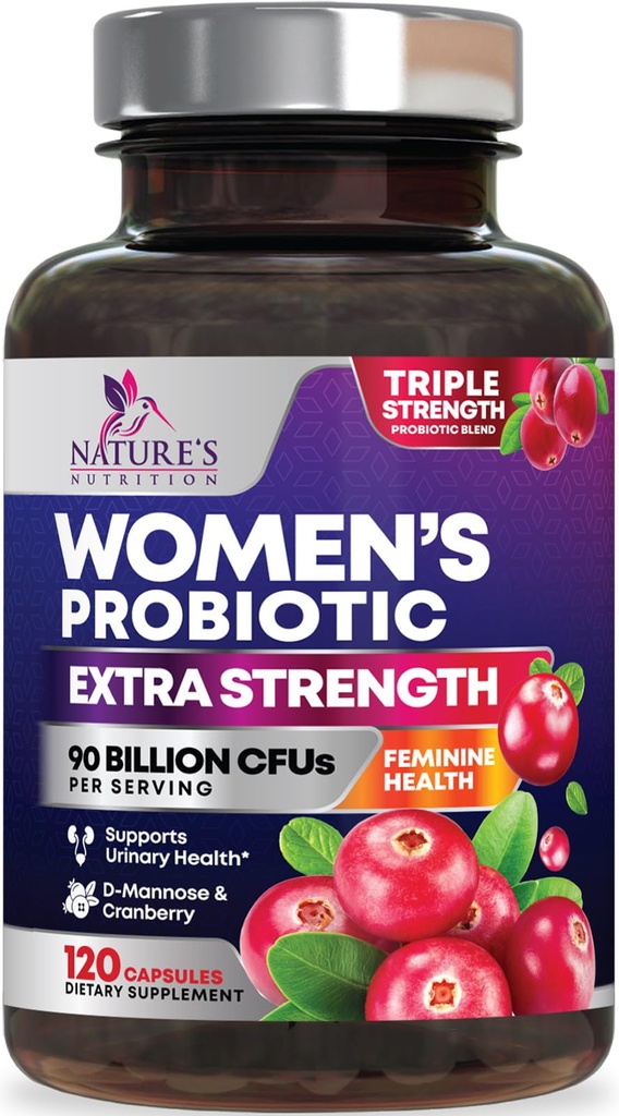 Probiotiques pour les femmes Soutien de la santé digestive - 90 milliards UFC Probiotique pour les femmes, 16 souches, canneberge, probiotique vaginal avec prébiotiques, PH, immunitaire, urinaire et soutien de la santé féminine, 120 capsules
