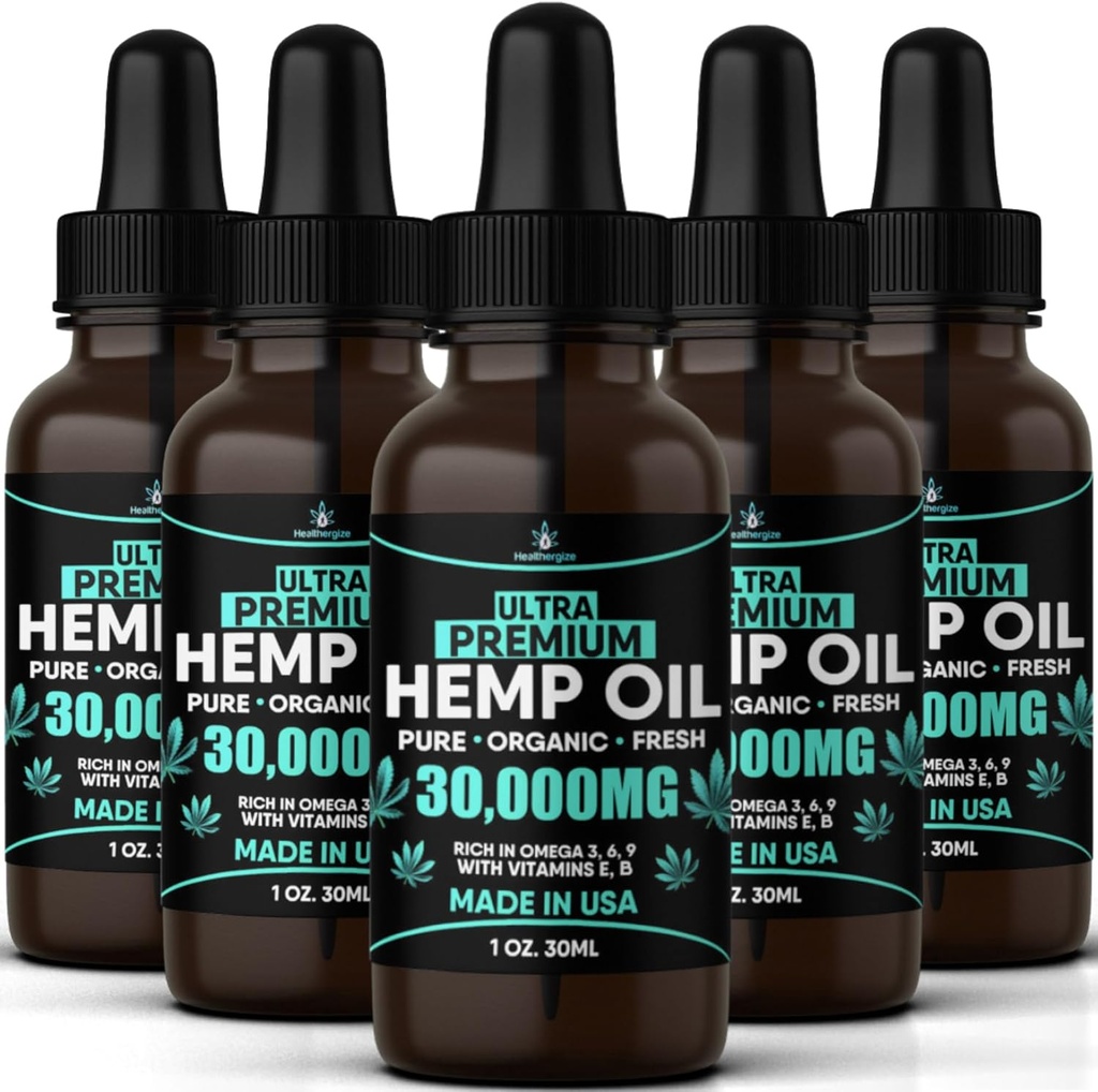Hemp Oil Organic Extract-5 Pack-Ultra High Potensy Hemp Seed Oil-Full Flavor Natural Benefits-Made in USA-for Skin, Relief, Sleep, Calm, Relaxation, Muscles, Massage-Safe for Pets-Full Omega 3,6,9