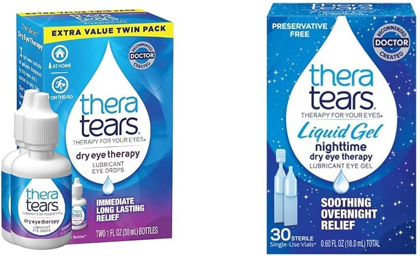 TheraTears Sec Eye Therapy Lubrifiant gouttes pour les yeux secs, 1 fl oz Bouteille Twin Pack, (2 bouteilles de 30mL) et Gel liquide Gouttes pour les yeux lubrifiants de nuit pour les yeux secs, Viaux à usage unique, 30 Compte