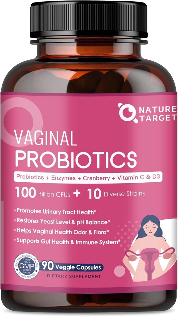 NATURE TARGET Vaginal Womens Probiotics, 100 Billion CFUs Probiotics & Prebiotics with Digestive Enzymes, Cranberry & D-Mannose - Supports pH Balance, Odor & Urinary Tract Health - 90 Capsules