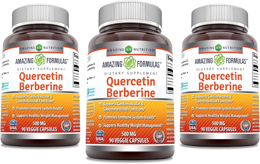 Formules étonnantes Quercetin Berberine : 250 mg Berberine et 250 mg Quercetin : Supplément de capsules veggies : non-OGM : sans gluten Fabriqué aux États-Unis (90) 3 Pack